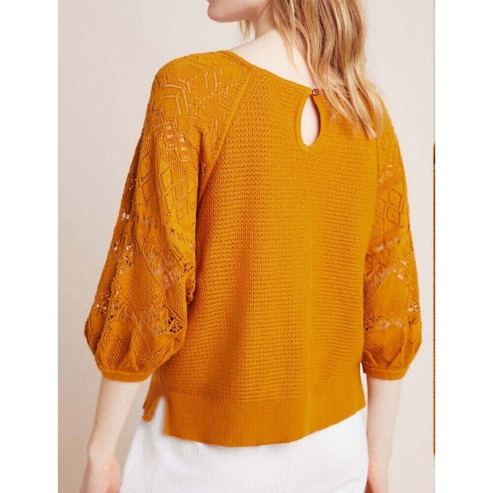 By Anthropologie Martina Pointelle Boho Crochet Sweater Tee Women’s XS Honey - Picture 2 of 9